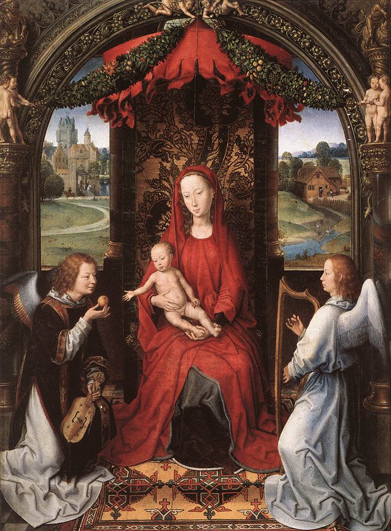 Madonna Enthroned With Child And Two Angels By Hans Memling